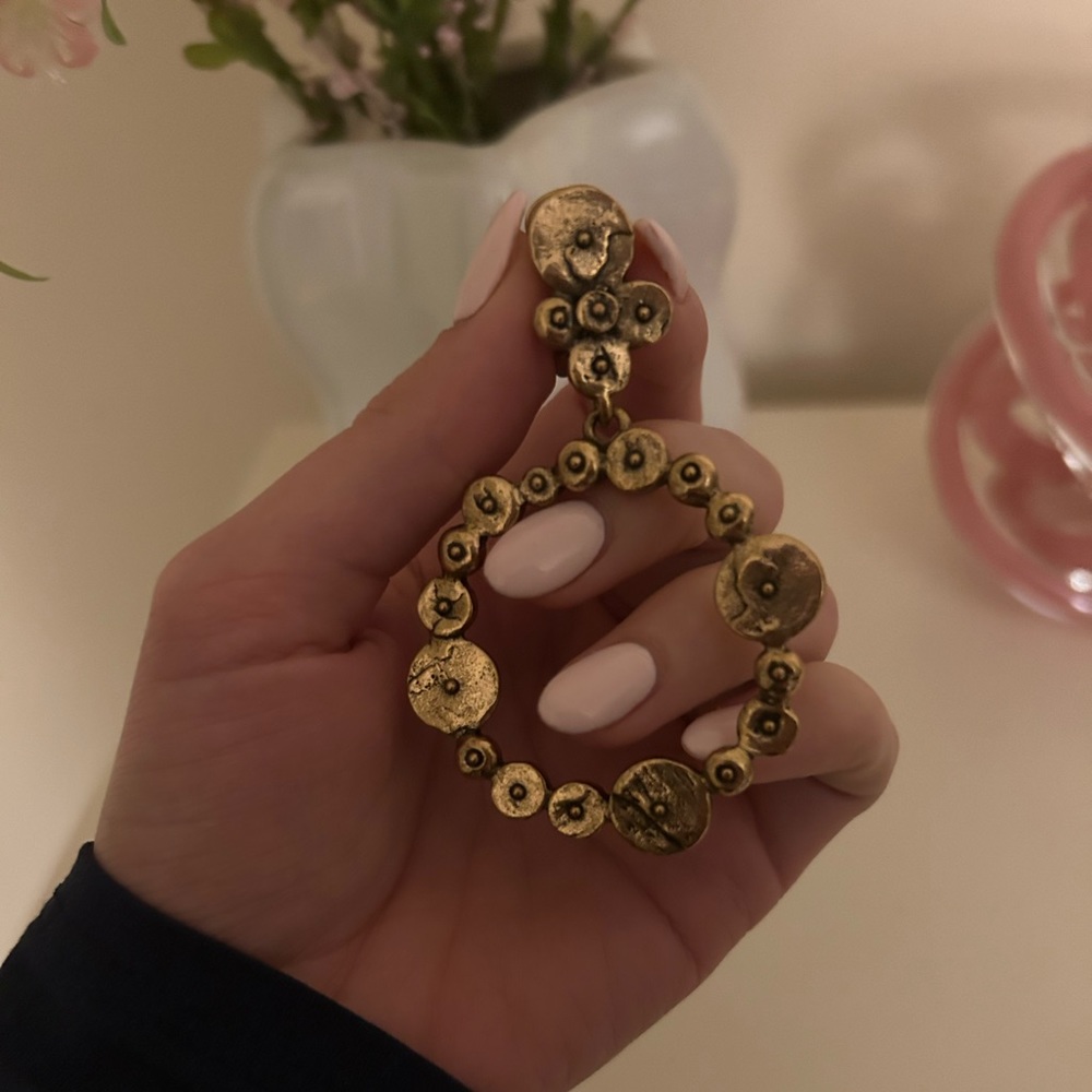 Oscar de la renta circle motif clip on drop hoop earrings